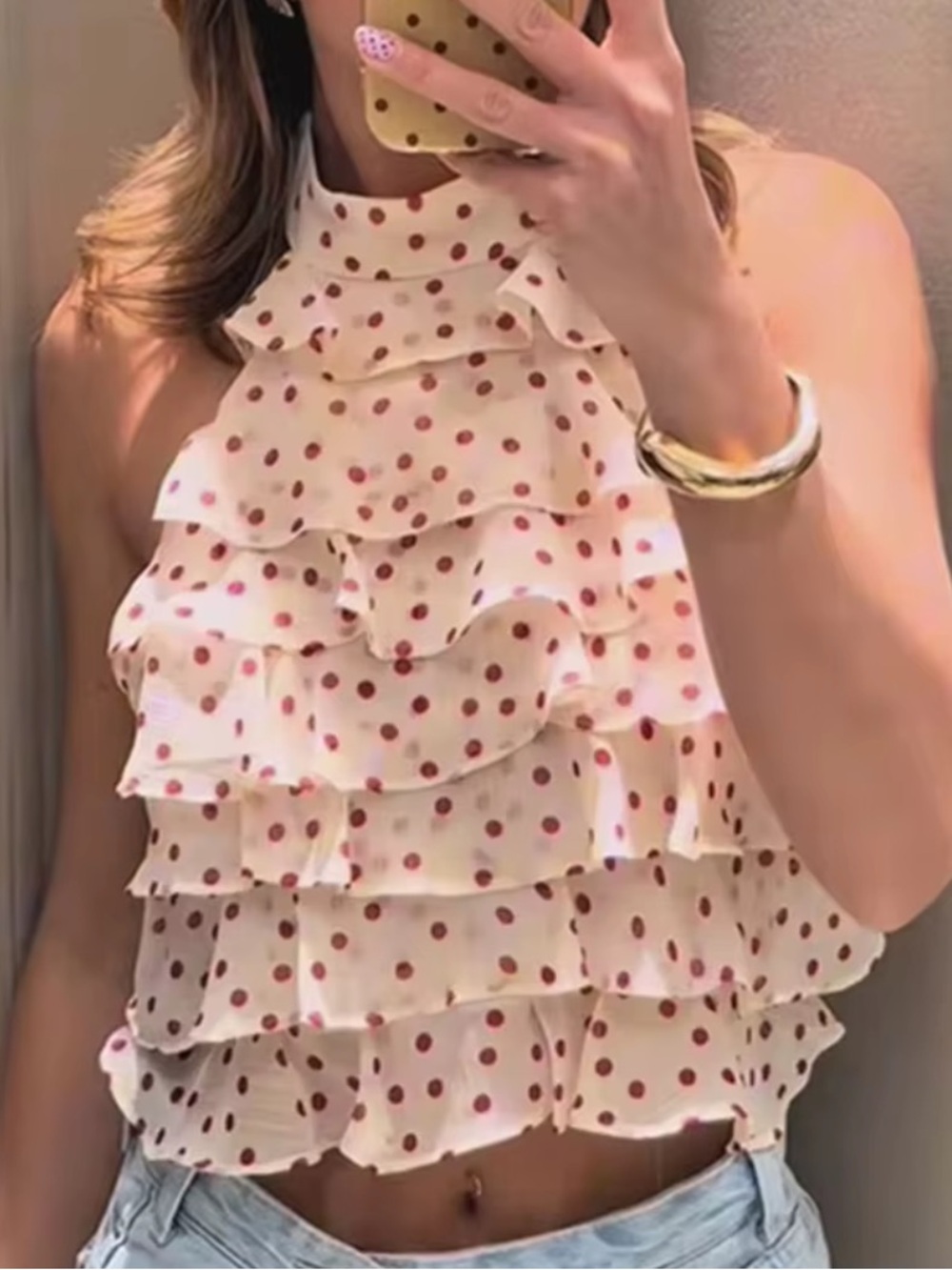 Zara Cream Halter Ruffle Crop Top with Red Polka Dots